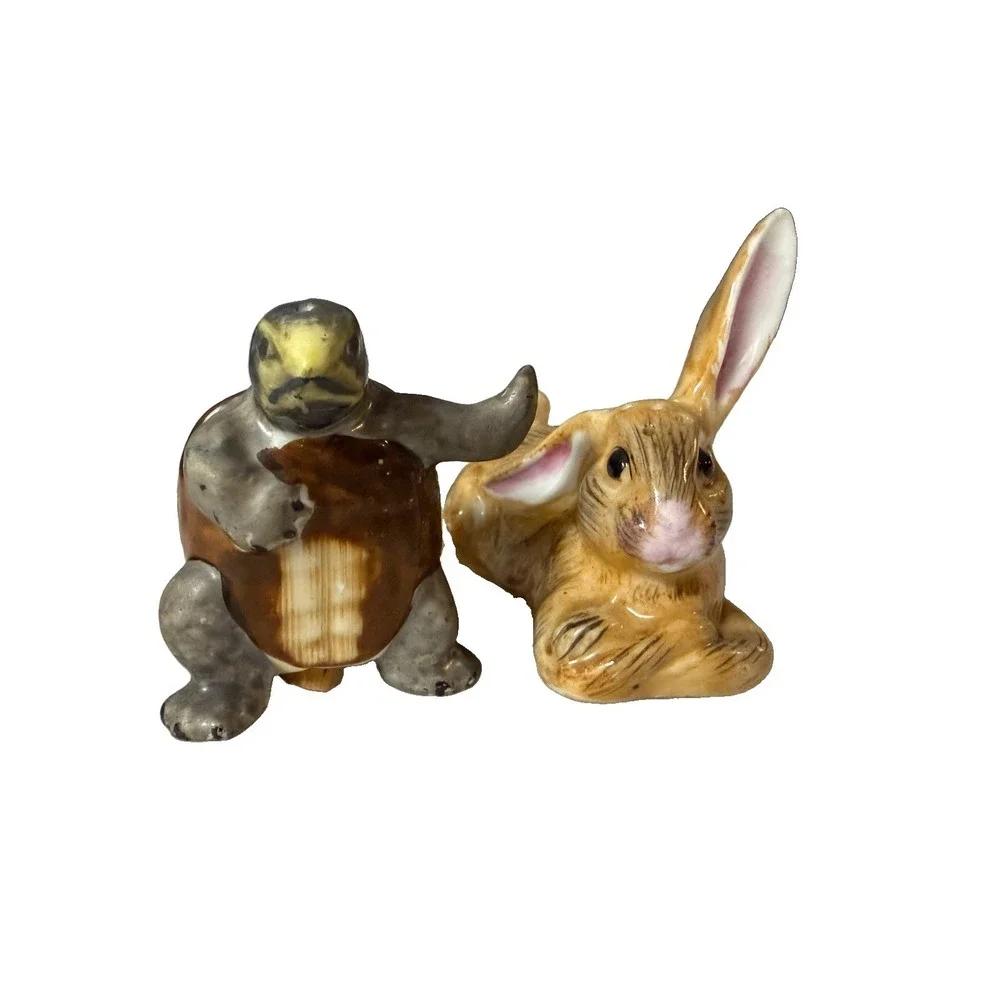 Vintage Japan Rabbit Turtle Salt Pepper Shakers Ceramic Figurines Cork Stoppers